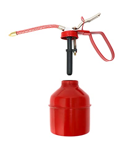 QWORK Steel Pistol Type Oiler - 12 OZ (400ML) Capacity Manual Pump Oil Can, Red, Flexible Tube, 2 Pack