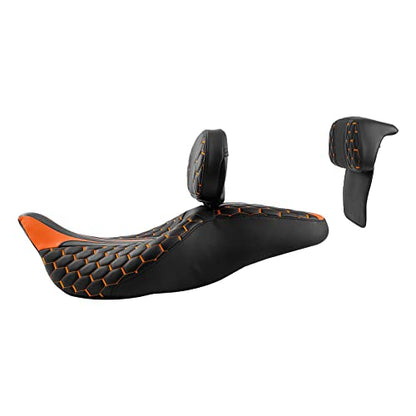 C.C. RIDER Low Profile Touring Seat - Driver Rider Passenger Seat For Harley Davidson Touring Road King Street Glide Road Glide Electra Glide CVO 2014-2023 - color: Black Orange Rider Seat + Sissy Bar