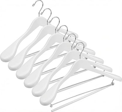 DEILSY™ White Suit Hangers for Men with Non-Slip Pants Bar & 360° Swivel Hook - Smooth Finish Wooden Coat Hangers, Heavy Duty Wooden Hanger – Pack of 6 - color: White
