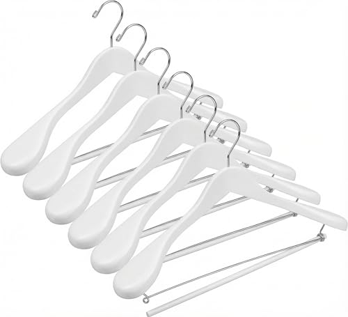 DEILSY™ White Suit Hangers for Men with Non-Slip Pants Bar & 360° Swivel Hook - Smooth Finish Wooden Coat Hangers, Heavy Duty Wooden Hanger – Pack of 6 - color: White