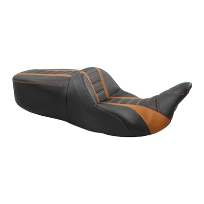 C.C. RIDER Driver Rider Passenger Seat - Rally Stripe Tuck and Roll 2-Up One-Piece Fit for Harley Touring Road King Street Glide Road Glide Electra Glide 2009-2023 - color: Black Orange seat