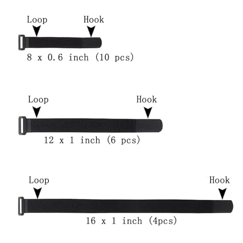 20 Pack(8"-12"-16") Reusable Fastening Cable Straps,Adjustable Multi-Purpose Hook and Loop Straps Nylon Cable Ties for Wire Cable Management Home Office Garage Outdoor Organization - size: (8''-12''-16'') x 1'' (Black)