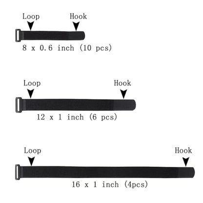 20 Pack(8"-12"-16") Reusable Fastening Cable Straps,Adjustable Multi-Purpose Hook and Loop Straps Nylon Cable Ties for Wire Cable Management Home Office Garage Outdoor Organization - size: (8''-12''-16'') x 1'' (Black)