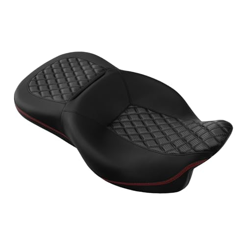 C.C. RIDER Driver Rider Passenger Seat Diamond Grip 2-Up One-Piece Seat fit for Harley Touring Road King FLHR Street Glide FLHX Road Glide FLTRX 2009-2023 - color: 08# Red