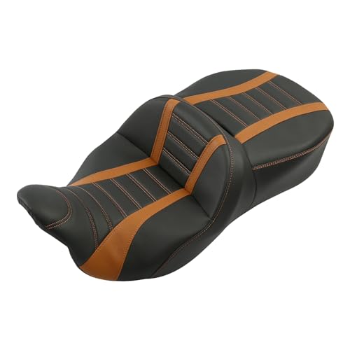 C.C. RIDER Driver Rider Passenger Seat - Rally Stripe Tuck and Roll 2-Up One-Piece Fit for Harley Touring Road King Street Glide Road Glide Electra Glide 2009-2023 - color: Black Orange seat