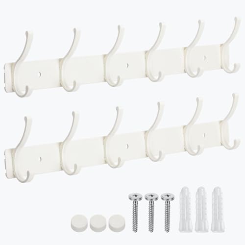 Dntorx Coat Rack Wall Mount, 2 Pack Coat Hooks Hanger Wall Double Hook Rack Rail Towel Hat Rack Entryway Bathroom Hanger Organizer for Robes, Clothes, Bags, Hat(White) - color: White, size: 2 Pack