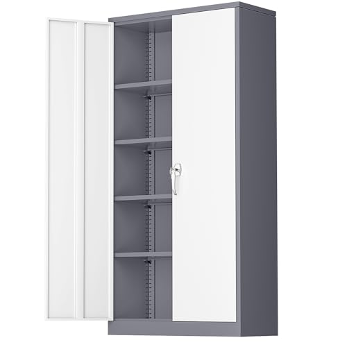 Greenvelly Metal Storage Cabinet with 2 Doors and 4 Adjustable Shelves, Lockable Steel Tool Cabinet for Home, Office, Garage, Classroom (Grey White) - color: Grey White, size: 72 inch