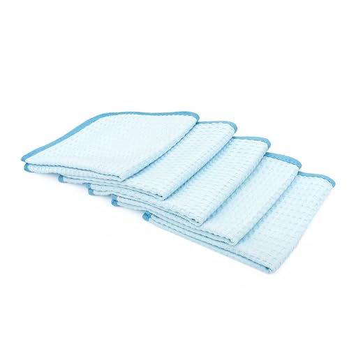 The Rag Company Dry Me A River, Professional Korean 70/30 Blend Microfiber Waffle-Weave Drying & Detailing Towels, Soft Suede Edges, 390 GSM, 16x16 Inches, Light Blue, 5-Pack - color: Light Blue, size: 16in x 16in