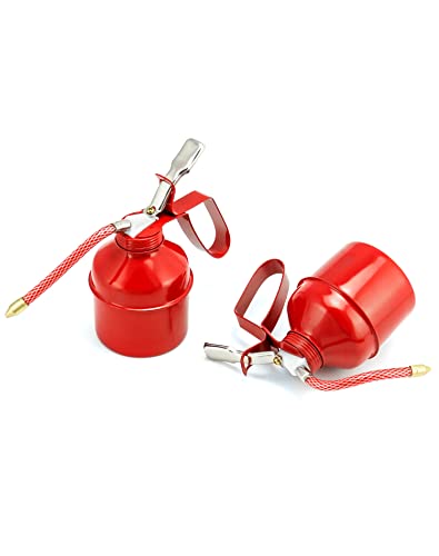 QWORK Steel Pistol Type Oiler - 12 OZ (400ML) Capacity Manual Pump Oil Can, Red, Flexible Tube, 2 Pack