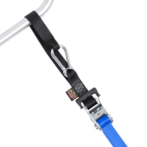 PowerTye 1.5 inch x 10ft Extra Long Ratchet Tie Down Straps, Heavy Duty with Carabiner Hooks, Soft-Tye & Bag, for Motorcycle, ATV & Cargo - 1,000 lb WLL - Made in USA - Blue/Black Pair