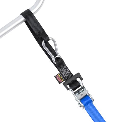 PowerTye 1.5 inch x 10ft Extra Long Ratchet Tie Down Straps, Heavy Duty with Carabiner Hooks, Soft-Tye & Bag, for Motorcycle, ATV & Cargo - 1,000 lb WLL - Made in USA - Blue/Black Pair