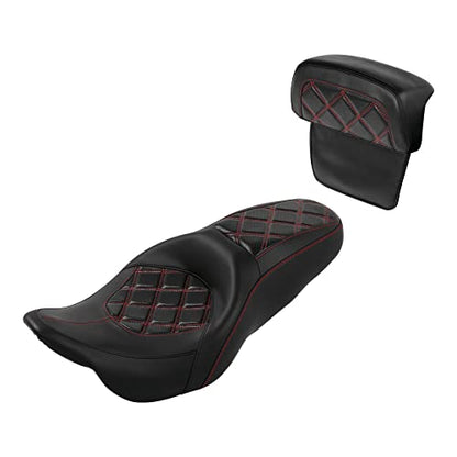 C.C. RIDER Classic Seat Backrest Pad - Driver Seat Rider Sissy Bar Passenger Backrest Pad Kit fit for Harley Davidson Touring Road King Street Glide Electra Glide Road Glide 2014-2023 - color: Seat + Passenger Sissy Bar Black Red