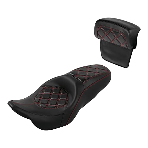 C.C. RIDER Classic Seat Backrest Pad - Driver Seat Rider Sissy Bar Passenger Backrest Pad Kit fit for Harley Davidson Touring Road King Street Glide Electra Glide Road Glide 2014-2023 - color: Seat + Passenger Sissy Bar Black Red