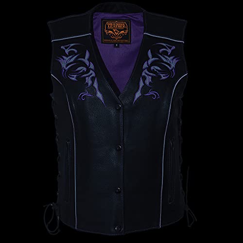 Milwaukee Leather ML1296 Women's Black Leather Side Laced Motorcycle Vest w/Reflective Tribal - color: Purple, size: Medium
