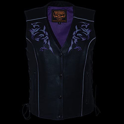 Milwaukee Leather ML1296 Women's Black Leather Side Laced Motorcycle Vest w/Reflective Tribal - color: Purple, size: Medium