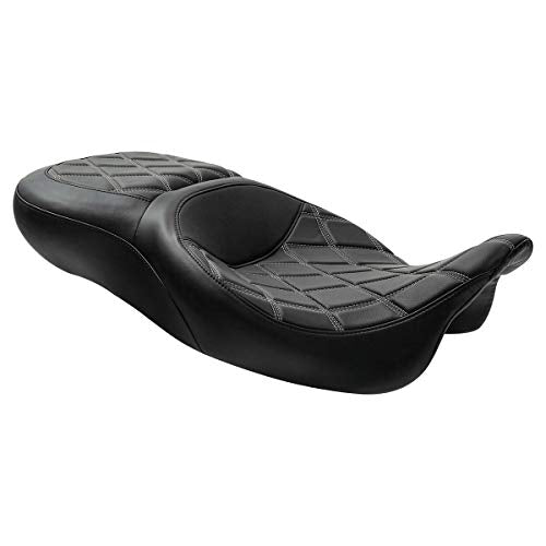 C.C. RIDER Driver Leather Passenger Seat - Fat Diamond 2-Up One-Piece Fit for Harley Touring Road King Street Glide Road Glide Electra Glide 2009-2023 - color: Grey with Coffee Stitches