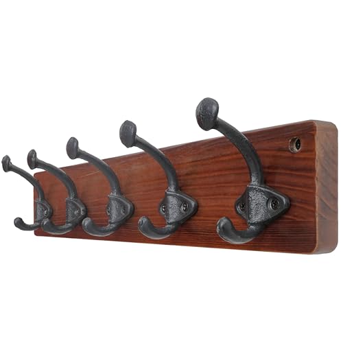 WEBI Rustic Coat Rack Wall Mount,5 Cast Iron Coat Hooks Wall Mounted,Heavy Duty Farmhouse Wood Coat Hanger Wall Antique Vintage Hooks for Hanging Jacket,Clothes,Backpack,Cherry - color: Cherry, size: 17 Inch