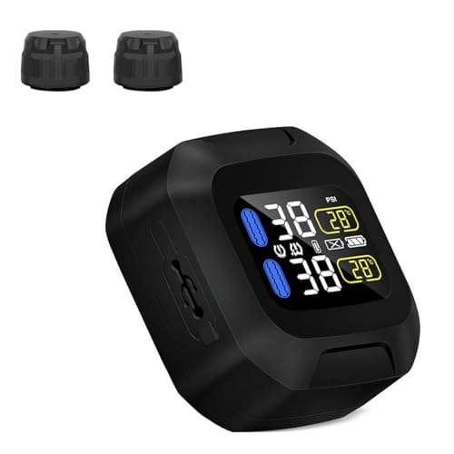 OBEST Upgrade Motorcycle TPMS Tire Pressure Monitor System with 2 External Sensors, USB Rechargeable IP67 Waterproof Motorcycle TPMS, LCD Display Motorbike Tyre Temperature Alarm