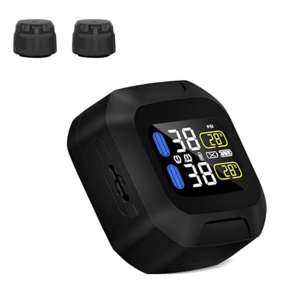 OBEST Upgrade Motorcycle TPMS Tire Pressure Monitor System with 2 External Sensors, USB Rechargeable IP67 Waterproof Motorcycle TPMS, LCD Display Motorbike Tyre Temperature Alarm