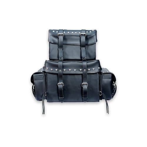 Leather Motorcycle Studded Sissy T Bar Bag - Weather Resistant Motorcycle 4 Piece Luggage Bag with Multiple Storage Compartments, Adjustable Mounting Rig, Removable Rain Cover (Black)