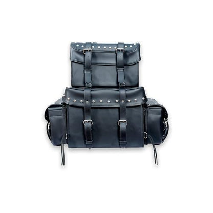 Leather Motorcycle Studded Sissy T Bar Bag - Weather Resistant Motorcycle 4 Piece Luggage Bag with Multiple Storage Compartments, Adjustable Mounting Rig, Removable Rain Cover (Black)