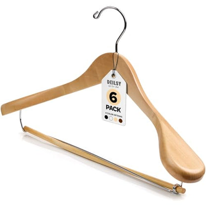 DEILSY™ Natural Suit Hangers for Men with Non-Slip Pants Bar & 360° Swivel Hook - Smooth Finish Wooden Coat Hangers, Heavy Duty Wooden Hanger – Pack of 6 - color: Natural