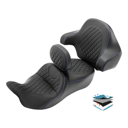 Motorcycle Sofa Seat, SLMOTO Gel Rider Cushion w/Rider Backrest and King Tour Pack Trunk Backrest Pad fit for Harley Touring Road King Street Glide Road Glide Electra Glide 14-23 Black Blue - color: Gel Style B Blue Seat + 2 Backrest