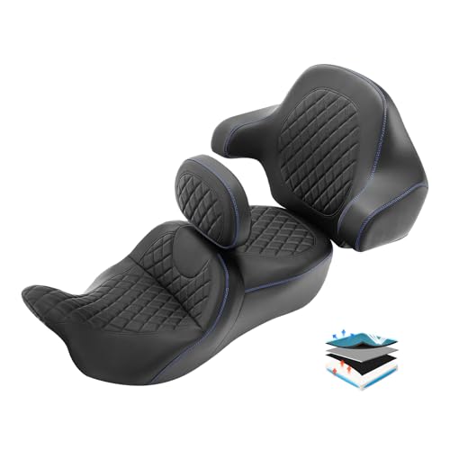 Motorcycle Sofa Seat, SLMOTO Gel Rider Cushion w/Rider Backrest and King Tour Pack Trunk Backrest Pad fit for Harley Touring Road King Street Glide Road Glide Electra Glide 14-23 Black Blue - color: Gel Style B Blue Seat + 2 Backrest