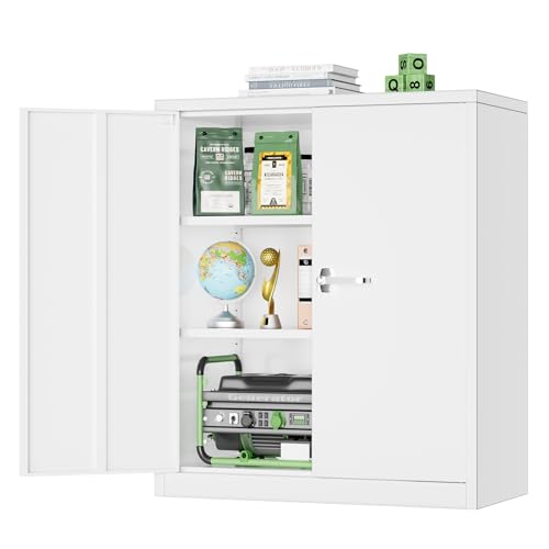 Greenvelly Metal Storage Cabinet, 36" Locking Storage Cabinet with Doors and Shelves, Lockable Storage Cabinets for Home Office, Utility Locker Cabinet, Steel Garage Cabinet with 2 Keys, White Grey - color: White, size: 36 inch