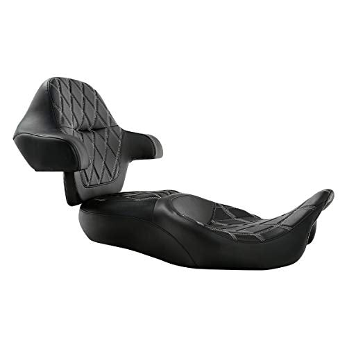 C.C.Rider Motorcycle Seat Backrest Pad - Fat Diamond 2-Up One-Piece fit for Harley Touring Road King Street Glide Road Glide Electra Glide 2014-2023 - color: 11# Grey+Passenger Backrest