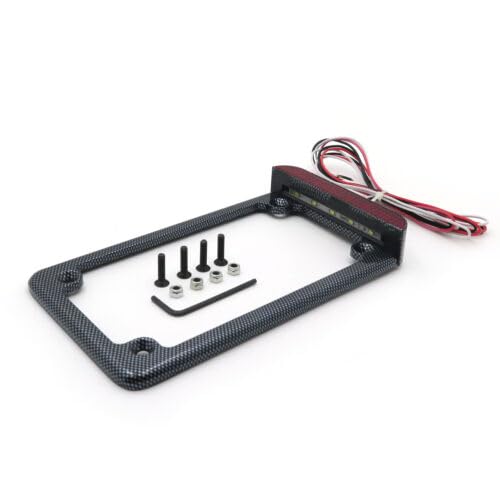 SKULL PIVOT- Carbon Fiber Finish Straight Flat 3 Inches LED Bar Motorcycle License Plate Frame - Universal Compatible with Any Motorcycle - color: Carbon Fiber, size: Straight LED