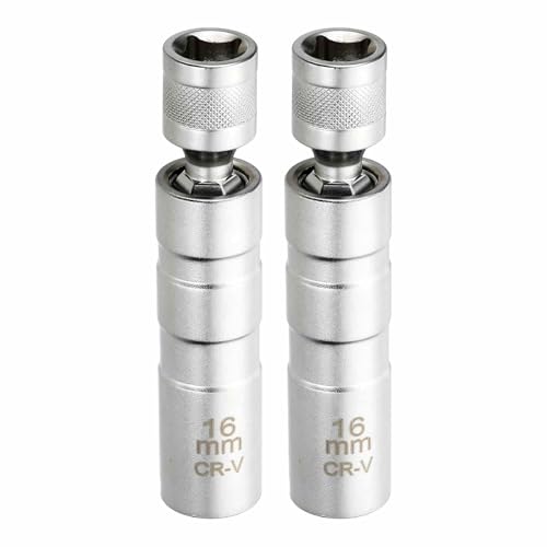 HARFINGTON 2pcs Spark Plug Socket Set 3/8" Drive 16mm Swivel Magnetic 12 Point Thin Wall Spark Plug Socket with 360 Degree Swivel CR-V Steel, Silver - size: 16mm