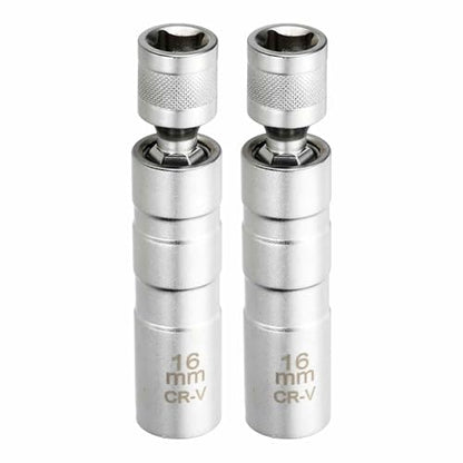HARFINGTON 2pcs Spark Plug Socket Set 3/8" Drive 16mm Swivel Magnetic 12 Point Thin Wall Spark Plug Socket with 360 Degree Swivel CR-V Steel, Silver - size: 16mm