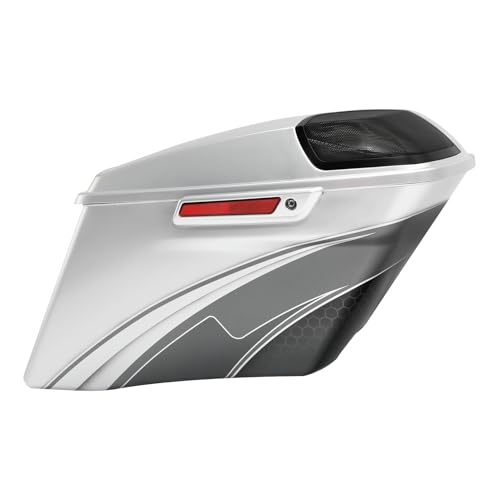 HR3 Custom 4" Stretched Hard Saddlebags w/Speaker Lids Compatible with 2014-later Harley Touring Road King Road Glide Street Glide Ultra Limited FLHT (Silver/Black Honeycomb Fade) - color: Custom- Silver / Black Honeycomb Fade