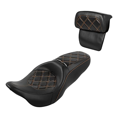 C.C. RIDER Classic Seat Backrest Pad - Driver Seat Rider Sissy Bar Passenger Backrest Pad Kit fit for Harley Davidson Touring Road King Street Glide Electra Glide Road Glide 2014-2023 - color: Seat + Passenger Sissy Bar Black Orange