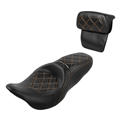 C.C. RIDER Classic Seat Backrest Pad - Driver Seat Rider Sissy Bar Passenger Backrest Pad Kit fit for Harley Davidson Touring Road King Street Glide Electra Glide Road Glide 2014-2023 - color: Seat + Passenger Sissy Bar Black Orange