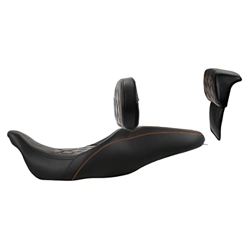 C.C. RIDER Classic Seat Backrest Pad - Driver Seat Rider Sissy Bar Passenger Backrest Pad Kit fit for Harley Davidson Touring Road King Street Glide Electra Glide Road Glide 2014-2023 - color: Seat + Driver + Passenger Sissy Bar Black Orange