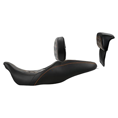 C.C. RIDER Classic Seat Backrest Pad - Driver Seat Rider Sissy Bar Passenger Backrest Pad Kit fit for Harley Davidson Touring Road King Street Glide Electra Glide Road Glide 2014-2023 - color: Seat + Driver + Passenger Sissy Bar Black Orange