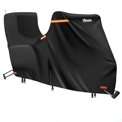 Motorcycle Cover with Side + Top Box, 420D Heavy Duty Nano-Coated, Touring Bike Cover, 5 Reflective Strips,Air Vents,3 Windproof Buckles,Antenna Zipper - color: Black, size: Side+Top Box(118"x44"x56")
