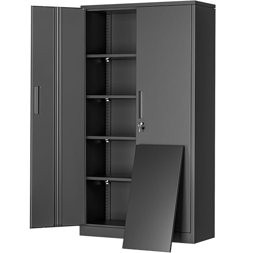 Greenvelly Metal Garage Storage Cabinet, 72” Locking Black Tool Steel Cabinet with Doors and 4 Shelves, Tall Metal Cabinets with Garage Storage Systems for Home Office, Kitchen/Pantry - color: Black, size: 72 inch