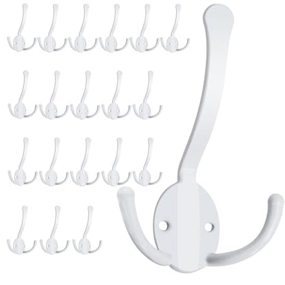Homanu 20 Pack Coat Hooks Heavy Duty, Metal Three Prongs Large Coat Hooks Wall Mounted with 40 Screws, No Rust White Rustic Wall Hooks for Hanging Towel, Coat, Scarf, Bag, Hat, Cup, Key - color: 20 Pcs White