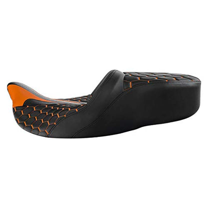 C.C. RIDER Soft Motorcycle Passenger Seat - Bagger Comb Strapped 2-Up One-Piece Fit for Harley Touring Road King FLHR Street Glide FLHX Road Glide FLTRX Electra Glide FLHT 2009-2023 - color: Black+Orange
