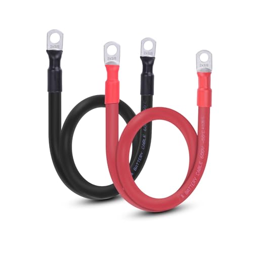 2 AWG Flexible Battery Cable with 3/8" Terminals - OFC Pure Copper Inverter & Welding Wire for Automotive Solar RV Motorcycle (Red + Black 2FT Pair) - color: 2 FT Black + 2 FT Red, size: 2AWG 3/8"