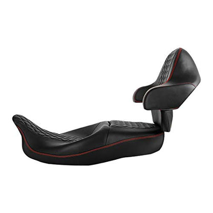 C.C. RIDER One-Piece Driver Passenger Seat with Wrap-around King Tour Trunk Backrest Pad fit for Harley Touring Road King FLHR Street Glide FLHX Road Glide FLTRX 2014-2023 - color: 08# Red+ Backrest
