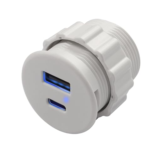 QIANRENON USB C & USB Embedded Mount Quick Charging Connector 15W Type C + USB Threaded Fixed Adapter 2 Port Charging Socket 5V/3.1A, LED Light, Mount on Furniture/Desktop, White - color: White
