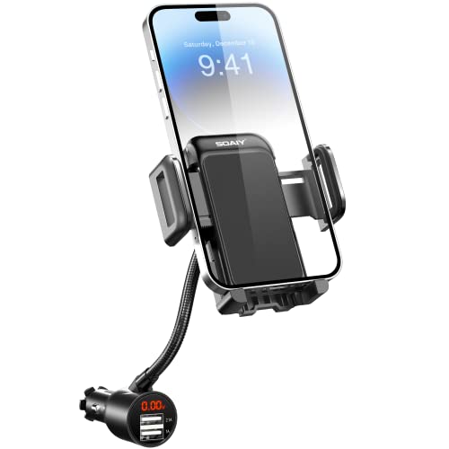 3-in-1 Cigarette Lighter Car Mount + Voltage Detector (Not for Center Console & Window), Dual USB 3.1A Charger with Adjust Gooseneck & 360° Rotating Car Mount Cradle for 1.7-3.7inch Width Phones