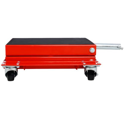 1100lb Heavy-Duty Motorcycle Lift Jack with Dolly Tray, Front Rear Center Tire Wheel Engine Stand Wide Deck - Scissor Lift for Cruisers, Trikes, ATVs - Portable, Red Steel Construction