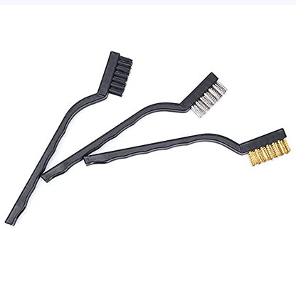 3Pcs Mini Wire Brush Set for Cleaning and Rust Removing, 7 Inch Industrial Wire Brushes of Stainless Steel/Nylon/Brass Bristles - color: Black