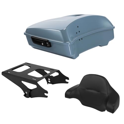 TCT-MOTORPARTS Sharkskin Blue Chopped Tour Luggage Trunk Backrest Mount Rack Fits for Street Glide FLHX Ultra Limited FLHTK 2024 Harley Touring 14-25 - color: Fit for Sharkskin Blue, size: Chopped Trunk+Black Mount Rack #A