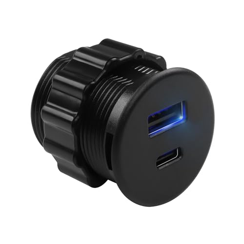 QIANRENON 2 Port USB C & USB Threaded Fixed Fast Charging Adapter 15W USB C + USB A Embedded Mount Round Connector Socket 5V/3.1A,LED Light, Mount on Furniture Desktop, Black (only for USB Charge) - color: Black